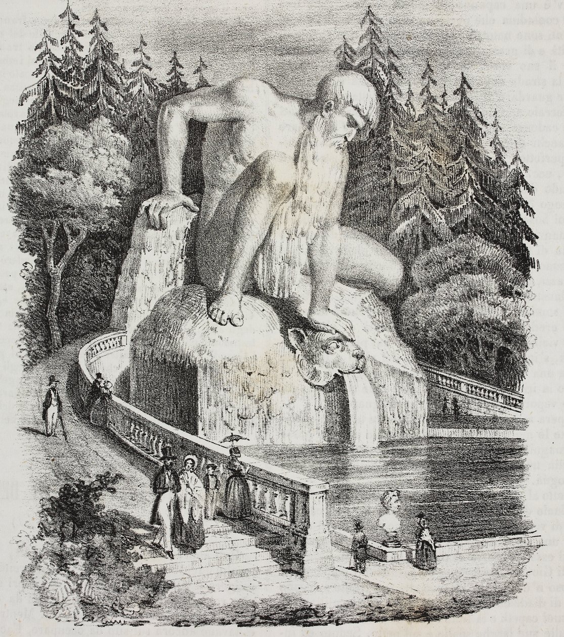 Kolossus van de Apennijnen (door Giambologna) in het park van Villa Demidoff (Villa Medicea van Pratolino), Vaglia, Toscane, Italië, lithografie door Giovanni Mariani uit Poliorama Pittoresco, nr. 10, 15 oktober door Giambologna