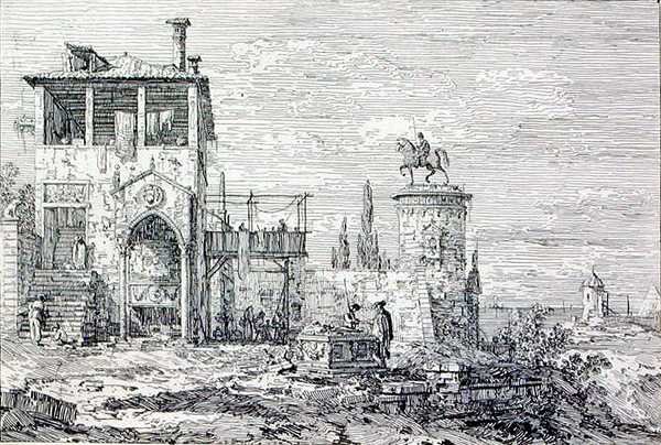 Landschap met een ruitermonument (gravure) door Canaletto