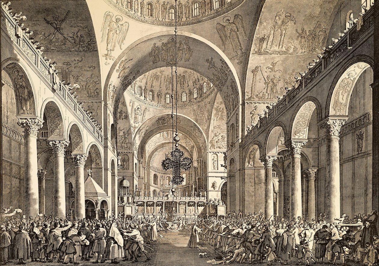 Venetiaans festival, de nieuw gekozen Doge van Venetië wordt aan het volk gepresenteerd in de San Marco Basiliek, door Giovanni Antonio Canal, bekend als Canaletto en Giovanni Battista Brustolon, gravure door (1697 1768) Canaletto