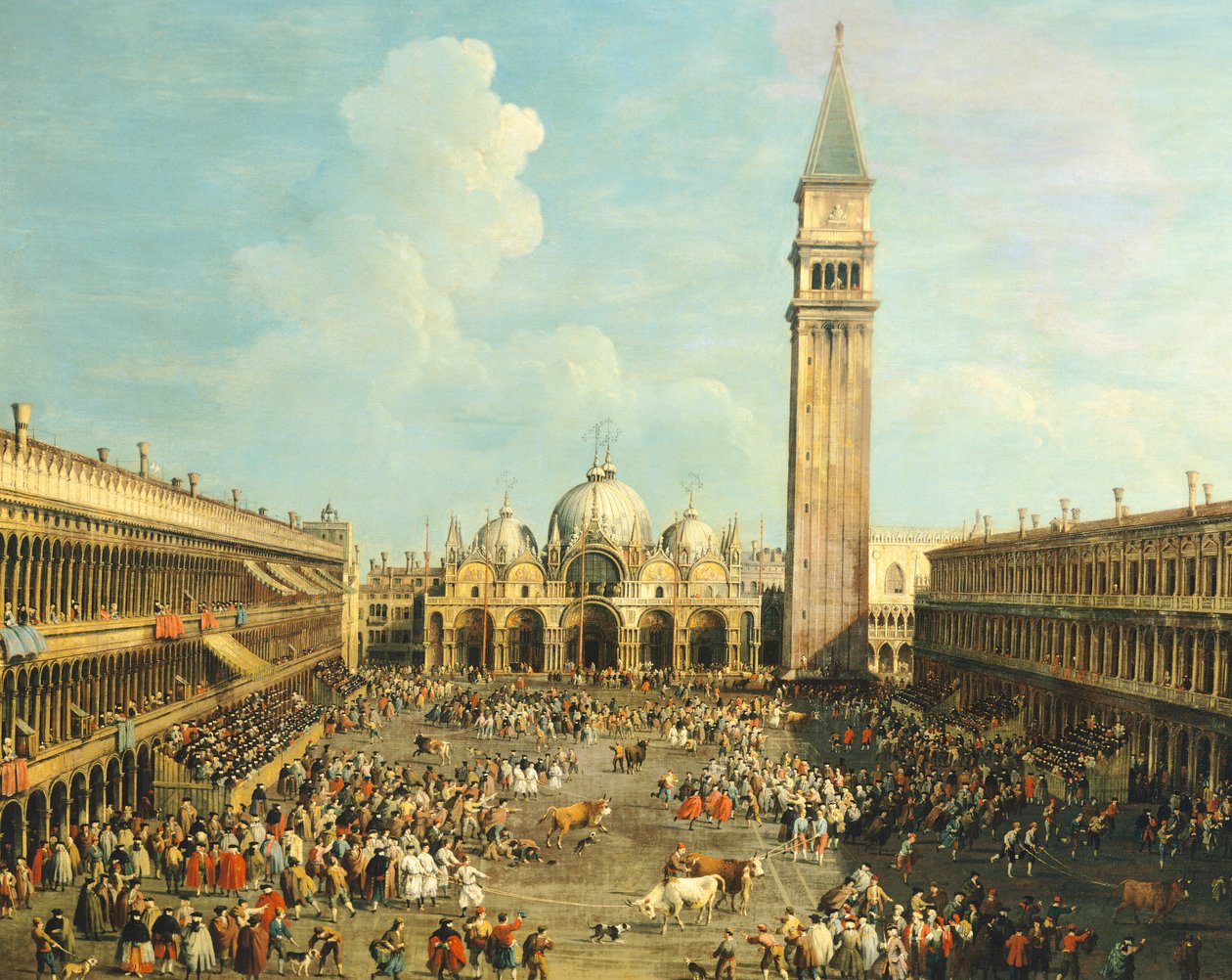 Stierenvechten of Stierenjacht op Piazza San Marco, door Giovanni Antonio Canal, bekend als Canaletto (1697-1768) en door Giovanni Battista Cimaroli (1687-na 1753) door Canaletto