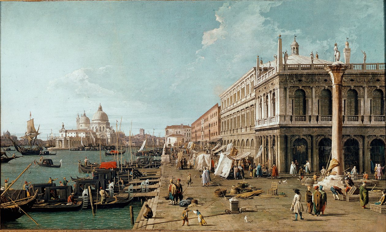 Uitzicht op de Molo, de Biblioteca Marciana en de Zuil van St. Theodoor, Venetië door Canaletto