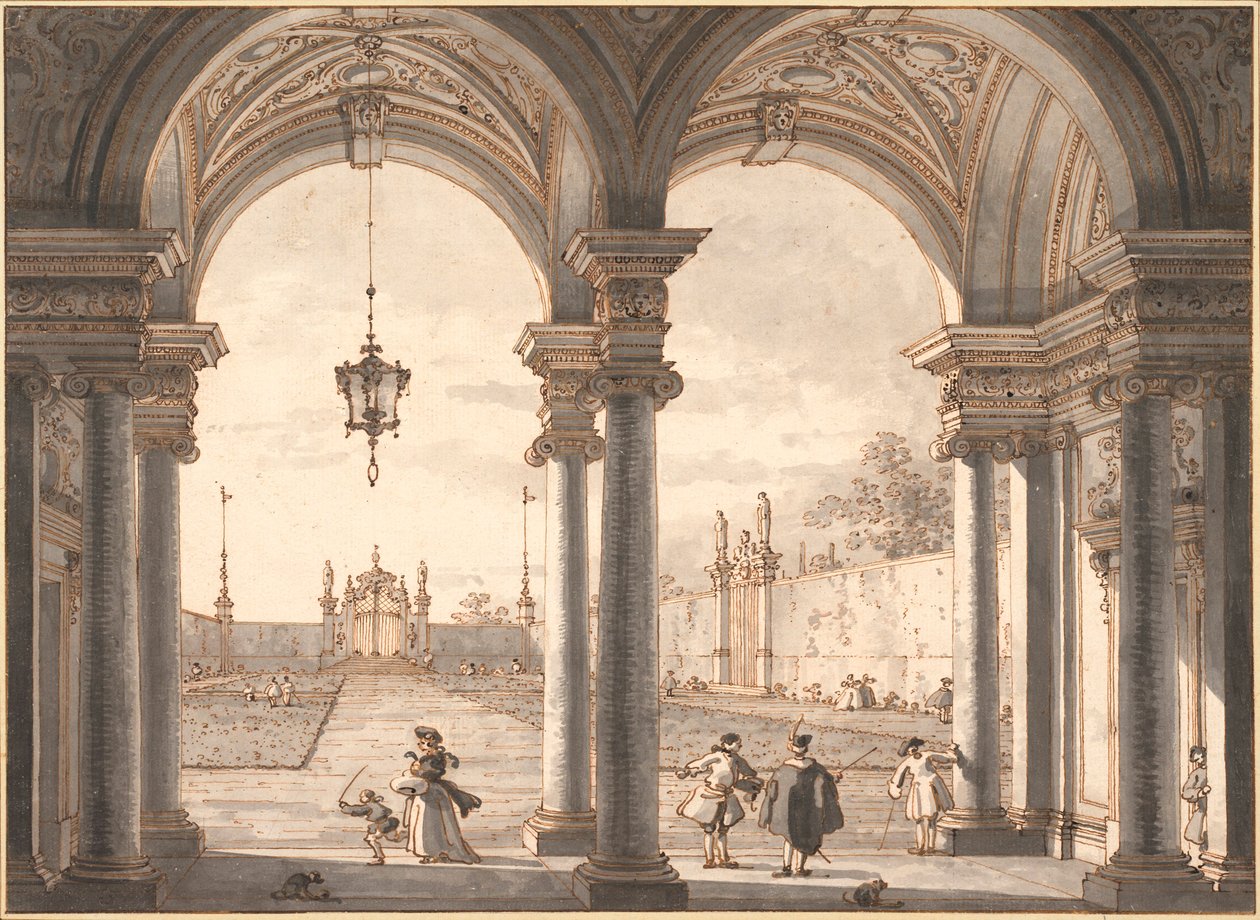 Uitzicht door een barokke colonnade naar een tuin door Canaletto