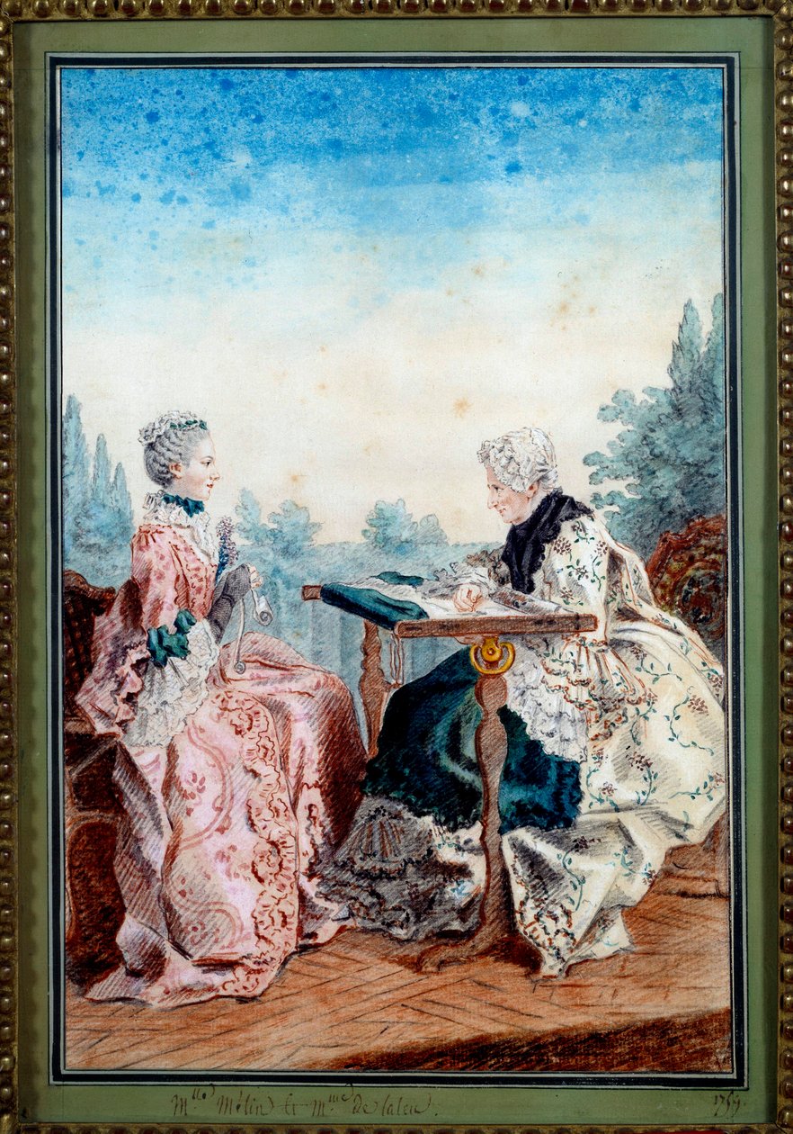 Mademoiselle Melin en Mademoiselle de Laleu maken aquareltapijten door Carmontelle