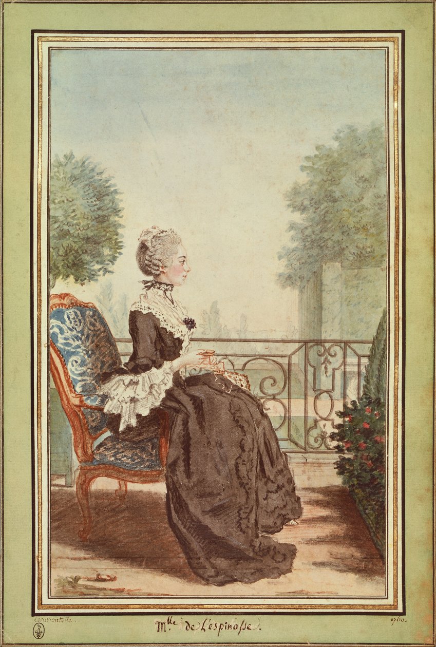 Mevrouw Jeanne Julie Eleonore de Lespinasse (gravure) door Carmontelle