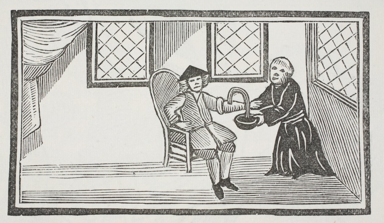 Een voorstelling van de verraderlijke monnik die hem dood laat bloeden, illustratie uit 