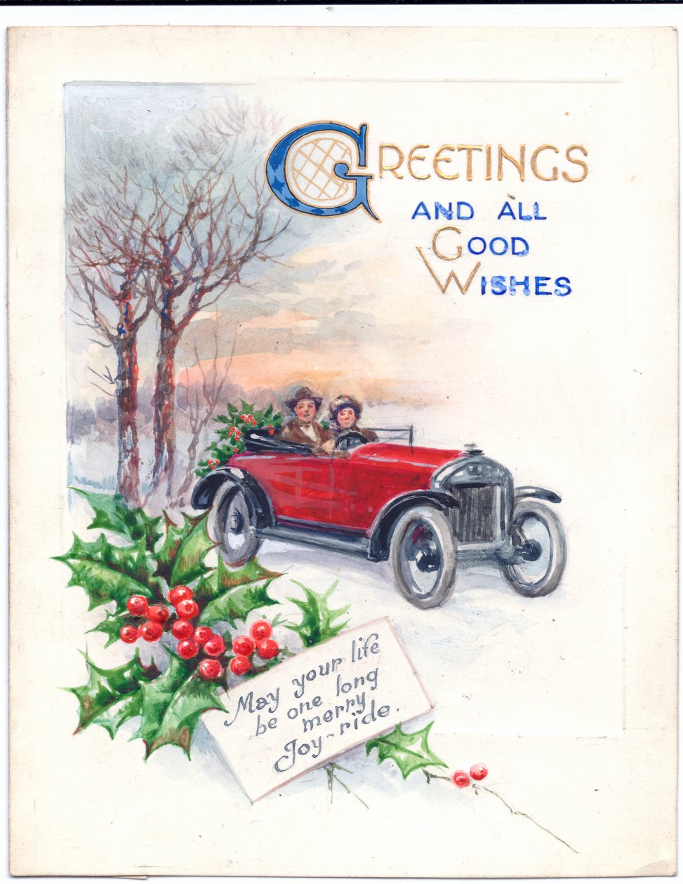 Origineel kunstwerk voor een kerstkaart van een rode auto en hulst, circa 1951 door (after) English School