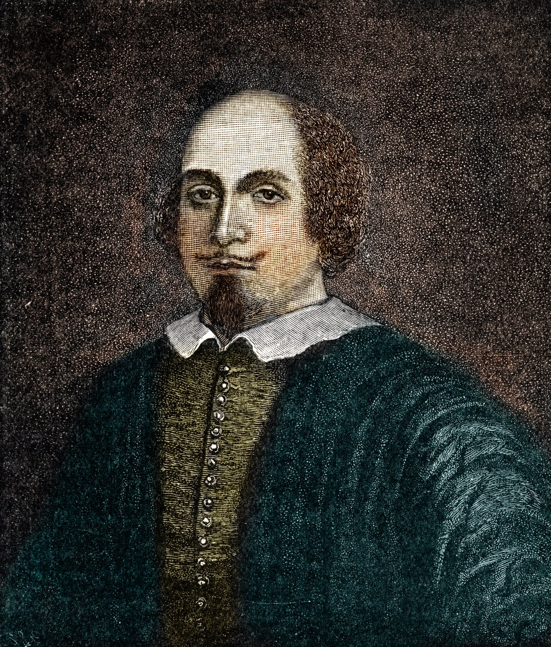 Portret van Engelse toneelschrijver William Shakespeare. Gravure naar een anoniem 18e-eeuws schilderij door (after) English School
