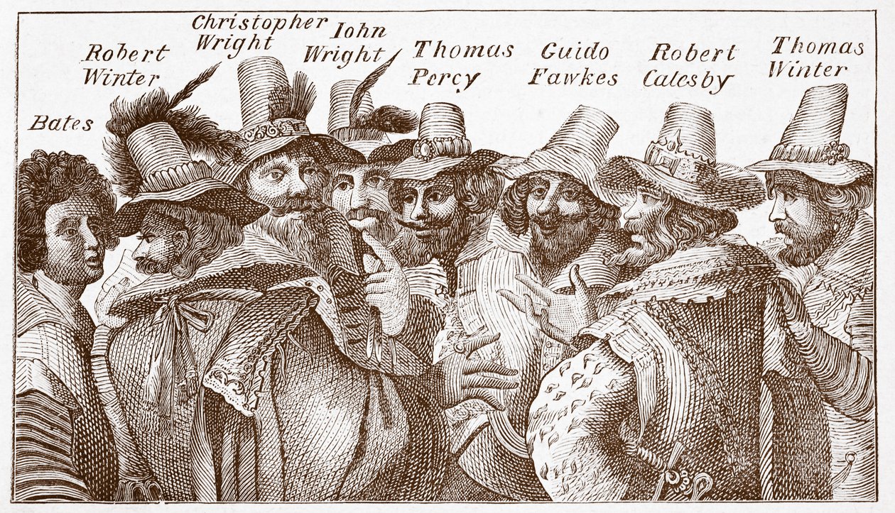 De samenzweerders van het buskruitcomplot, naar een gravure uit 1606 door (after) English School