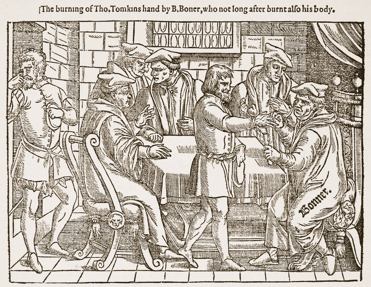 Het verbranden van de hand van Tho. Tomkins door B. Boner, die niet lang daarna ook zijn lichaam verbrandde, illustratie uit 