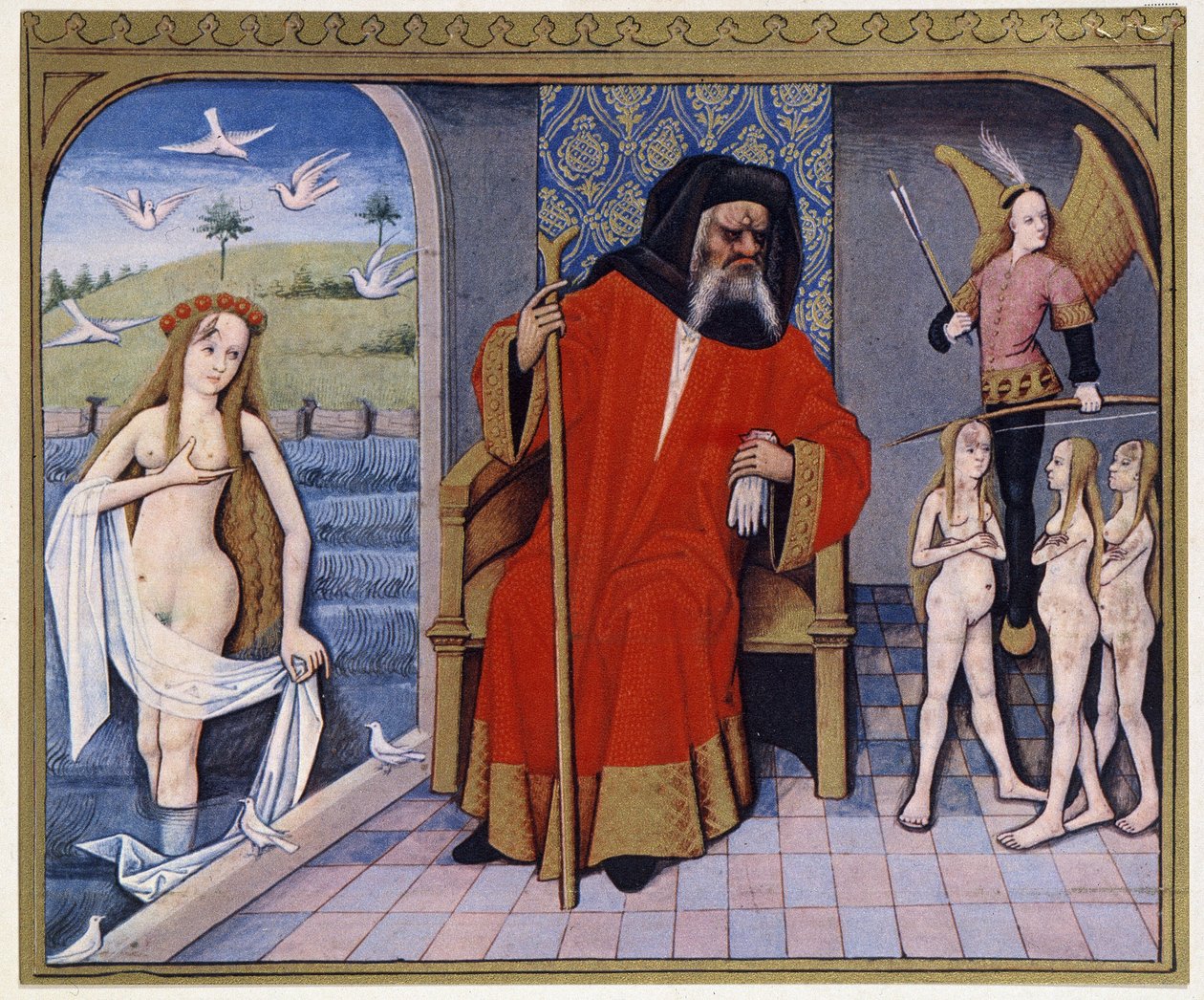 Aphrodite, Hephaistos, Eros (Cupido) en Charites - uit een verluchting van de 15e eeuw door (after) French School