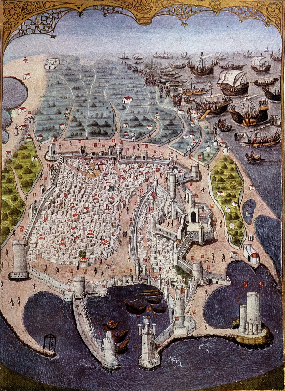 Aanval van oosterse schepen tegen Rhodos in 1482 - naar miniatuur door (after) French School
