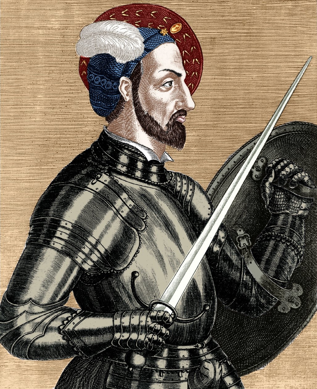 Karel van Bourbon (1490-1527), opperbevelhebber van de Franse legers, ingekleurde gravure door (after) French School