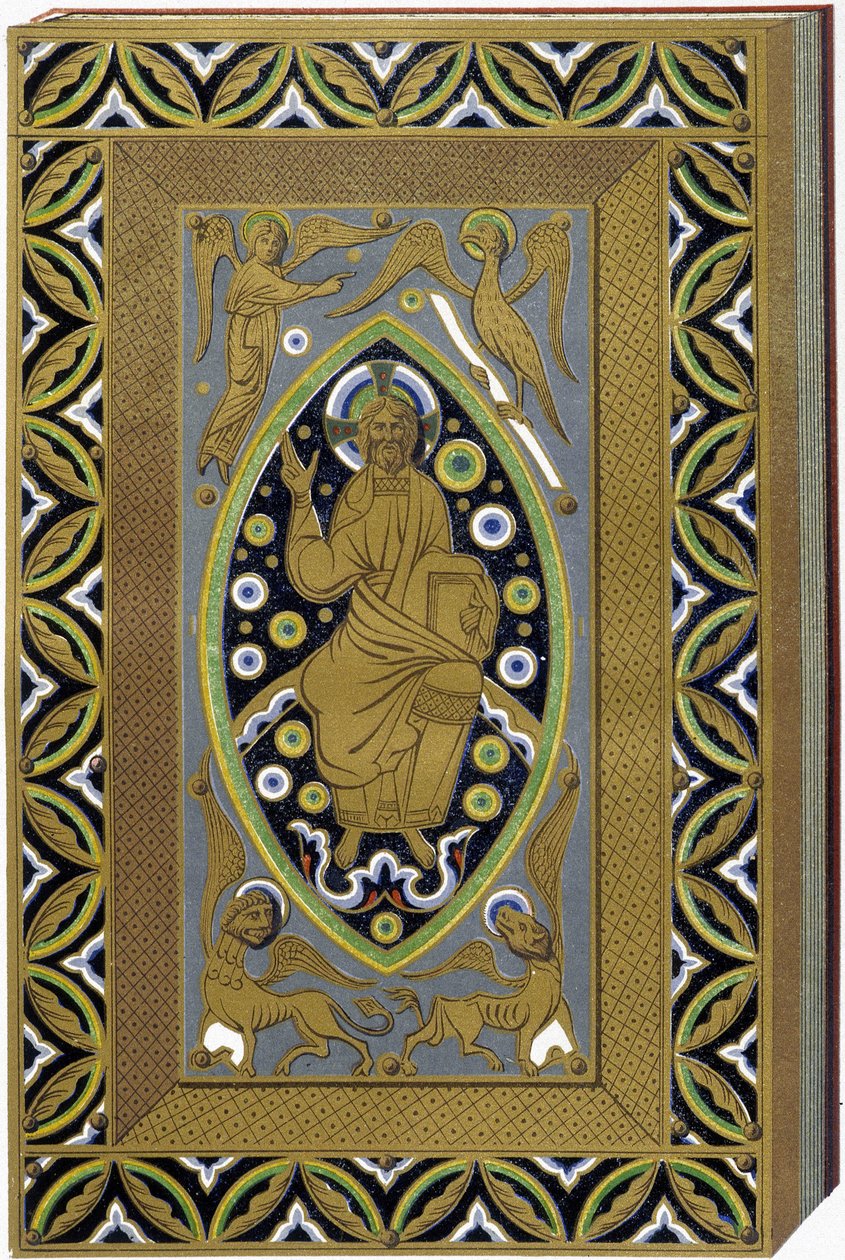Christus in Mandorla met de symbolen van de 4 evangelisten (Tetramorf). Lithografie die een geëmailleerde omslag uit de 13e eeuw reproduceert. door (after) French School