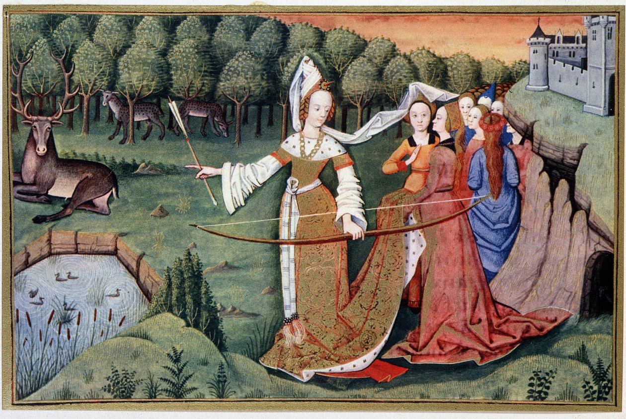 Diane (Artemis) - chromolithografie uit een 15e-eeuwse Verlichting door (after) French School