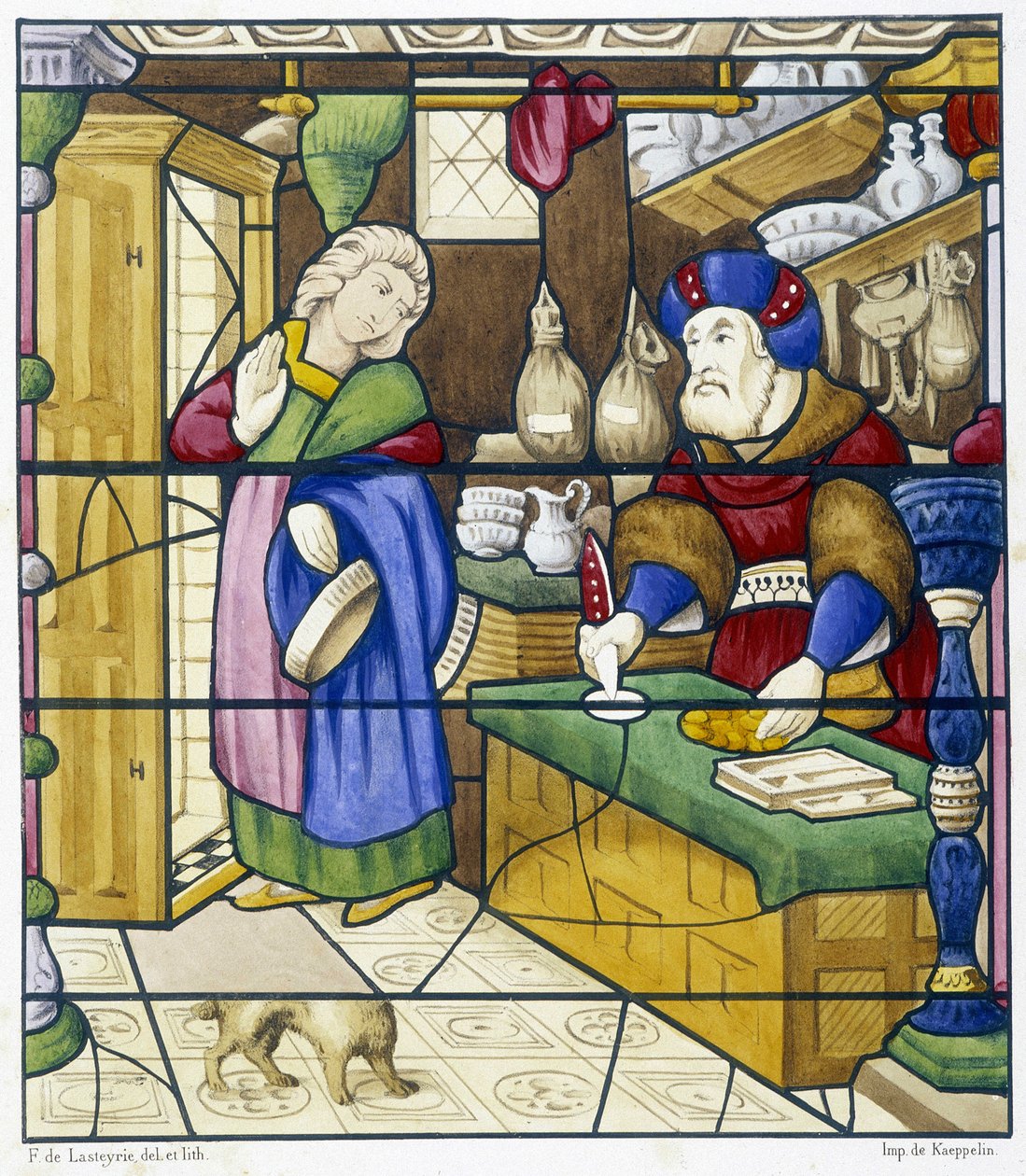 Geschiedenis van de Jood in de Rue des Billettes - facsimile van een glas-in-lood, St Alpin Kerk in Chalon door (after) French School