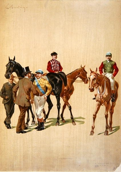 Jockeys op de renbaan, ca. 1875 door (after) French School