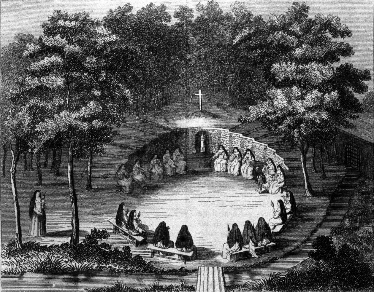 Nonnen van de abdij van Port Royal des Champs (Port-Royal-des-Champs) tijdens een lezing in eenzaamheid. Gravure naar een perkament van de 18e eeuw Franse school. door (after) French School