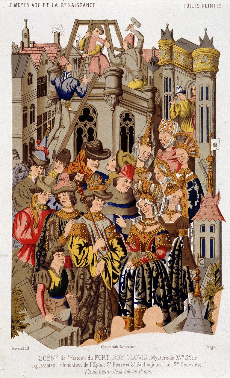 Scène uit de geschiedenis van Fort Roy de Clovis. Mysterie van de 15e eeuw die de stichting van de Kerk van St. Peter en St. Paul, tegenwoordig Saint Genevieve, voorstelt. (van het) Geschilderde doek van de stad Reims. door (after) French School