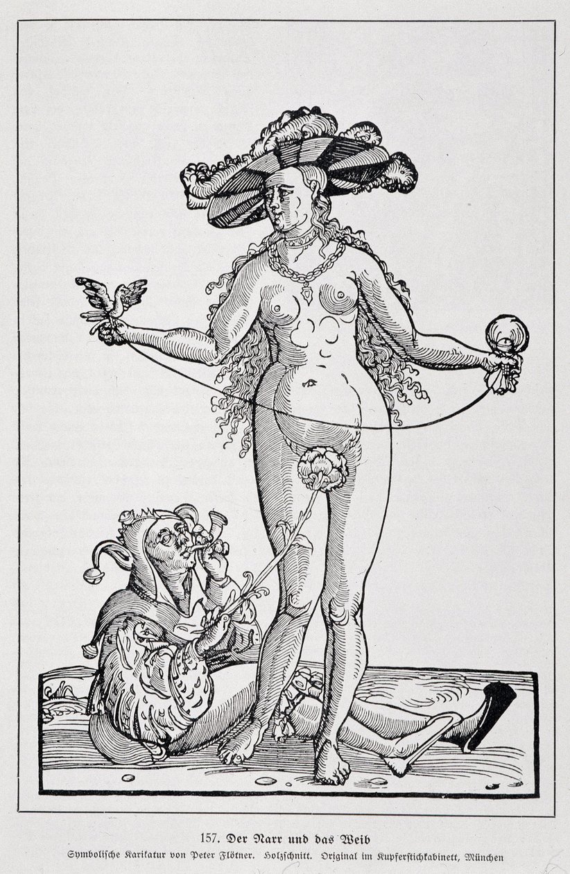 Vrouw en gek kietelen zijn penis met een bloem, "Der Rarr und das Weib ", "Geschichte des Erotischen Kunst"door Edouard Fuchs, Berlijn door (after) German School