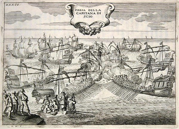 Galeien en galeassen in gevecht: gevangenneming van de kapitein van het eiland Chios, illustratie uit 