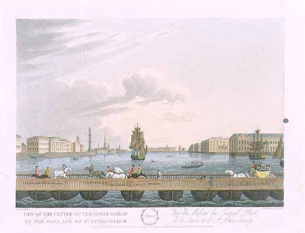 Zicht op het midden van de Grote Brug van de Neva, illustratie voor augustus uit 