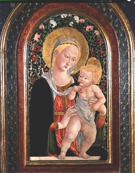 Madonna en Kind, Kind staand, een vogel vasthoudend door (after) Pier Francesco Fiorentino