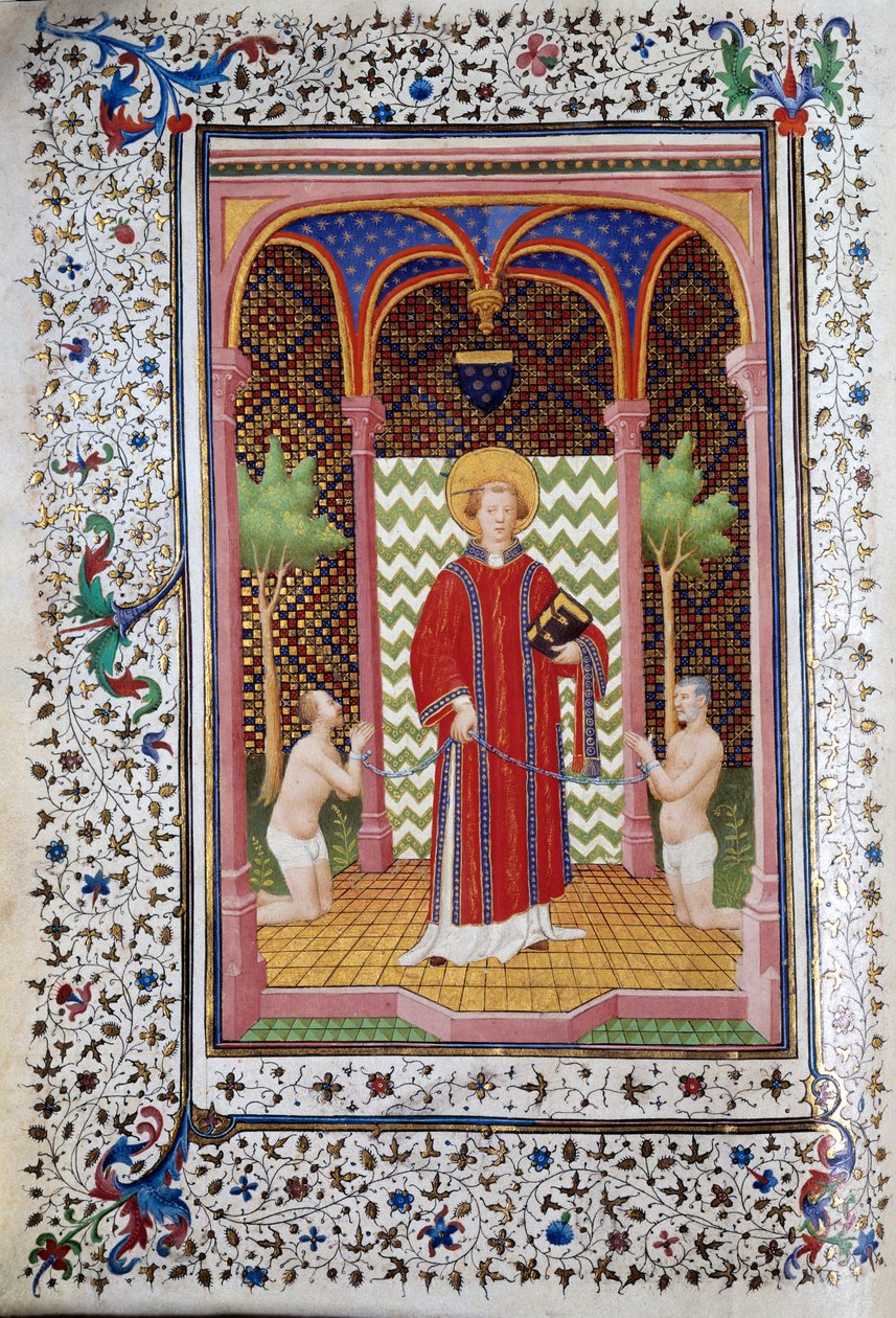 Voorstelling van Sint Leonardus (6e eeuw), kluizenaar van Limousin, die twee gevangenen vrijlaat. Pagina van het manuscript 