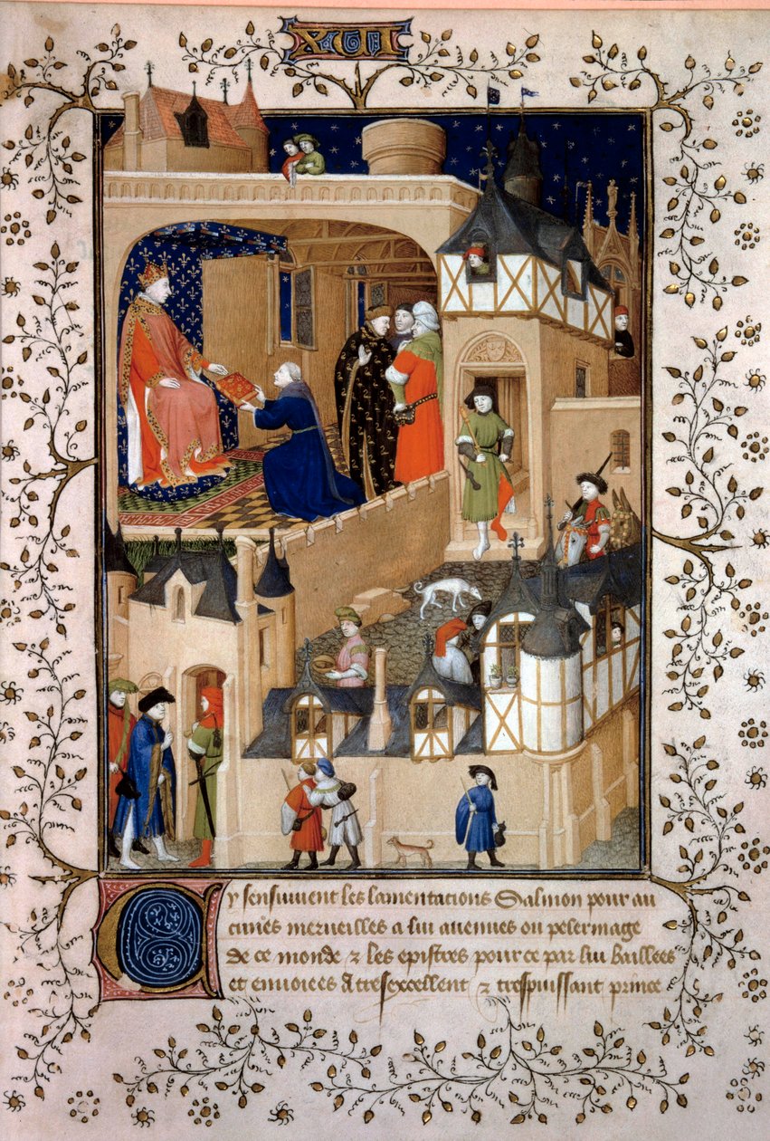 De politieke avonturier Peter de Fruitier genaamd Salmon biedt zijn manuscript aan koning Karel VI (1368-1422) aan. Miniatuur uit 