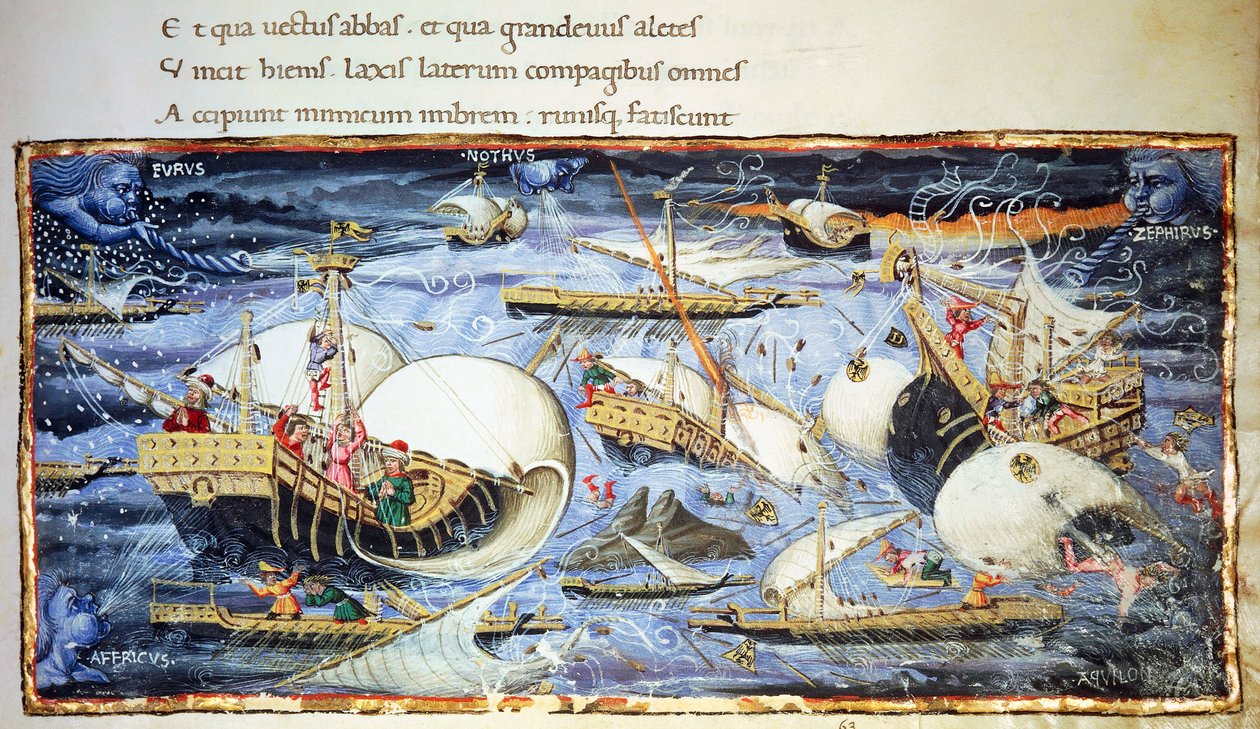 Zeilschepen, illustratie voor Aeneis, episch gedicht door Vergilius (70-19 v.Chr.), miniatuur toegeschreven aan Apollonio di Giovanni (1415-1465) door (attr. to) Apollonio di Giovanni