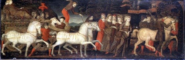 Een triomfantelijke processie - cassone paneel door (attr. to) Master of Stratonice