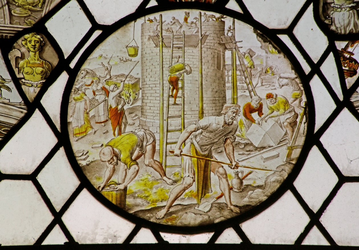 Rondel met de bouw van de Toren van Babel (glas-in-lood) door (attr.to) Dutch School