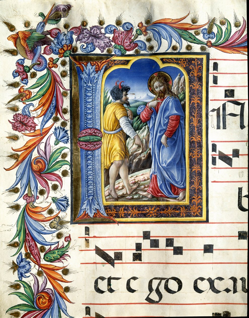Gedecoreerde initiaal die de verleiding van Christus afbeeldt Miniatuur door Liberale da Verona (1445-1529) uit een koorboek (Cod. 20/5. c.45v) uit de kathedraal van Siena door (c.1445 1527) Liberale da Verona