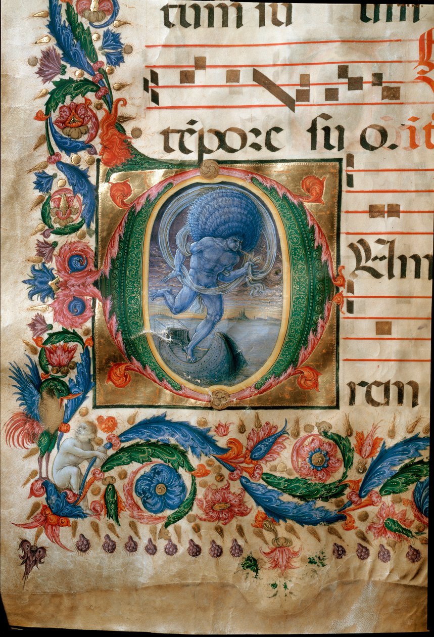 Lettrine met voorstelling van Aeolus, de bewaker van de winden door (c.1445 1527) Liberale da Verona