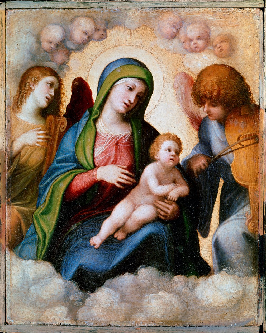 Maagd en Kind omringd door twee engelen en cherubijnen. Schilderij door Allegri Antonio, bekend als Il Correggio door (c.1489 1534) Correggio