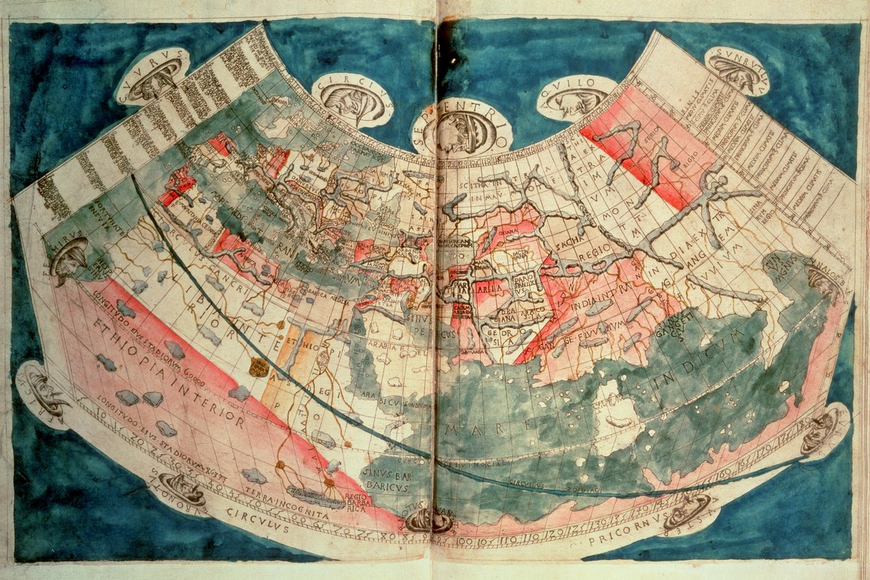 Wereldkaart gebaseerd op een beschrijving door Ptolemaeus (aquarel) door (c.90 168)(after) Ptolemy