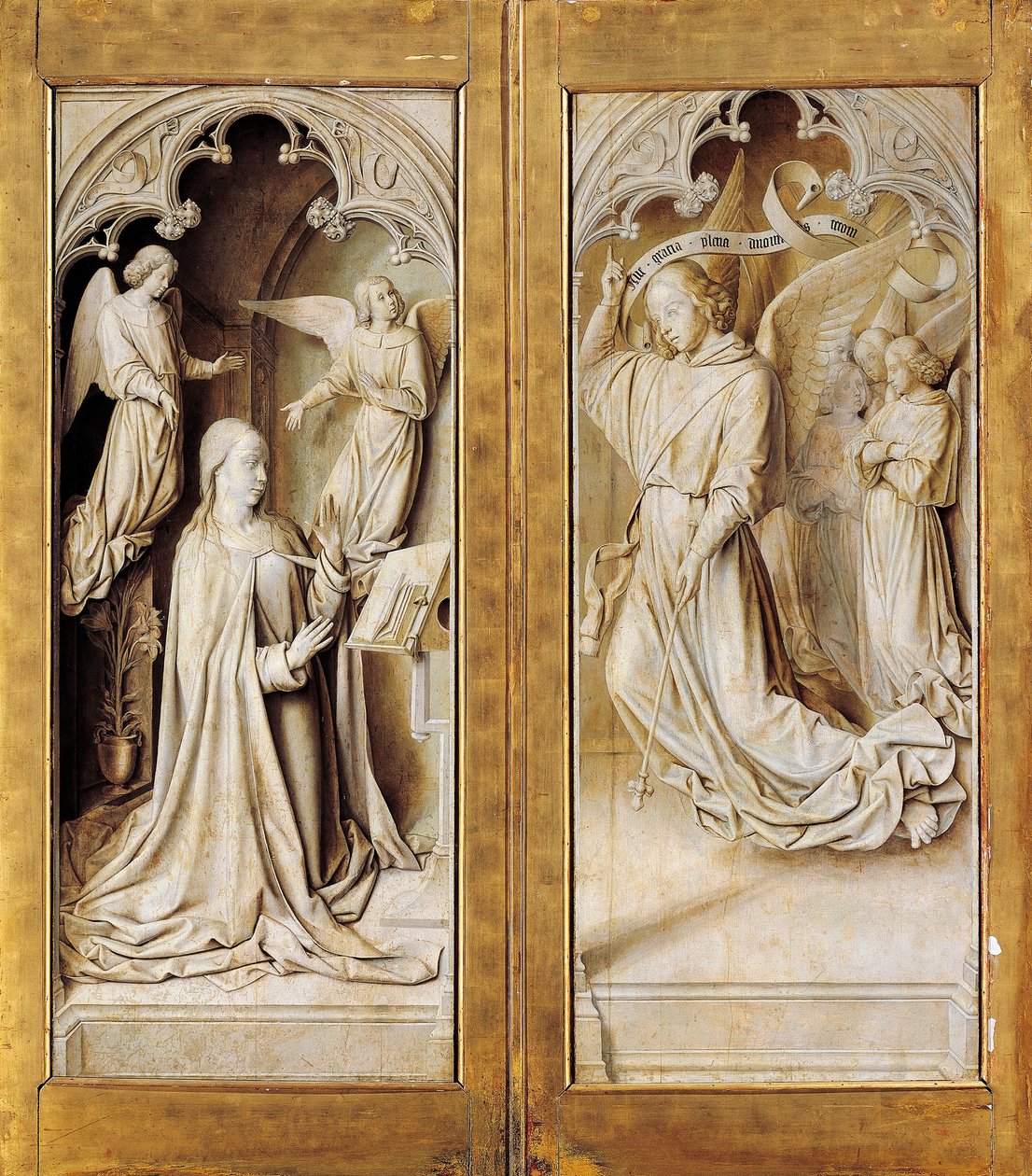 Annunciatie in grisaille, buitenvleugels van drieluik altaarstuk, ca. 1489-1502 door (fl.c.1483 c.1529) Master of Moulins