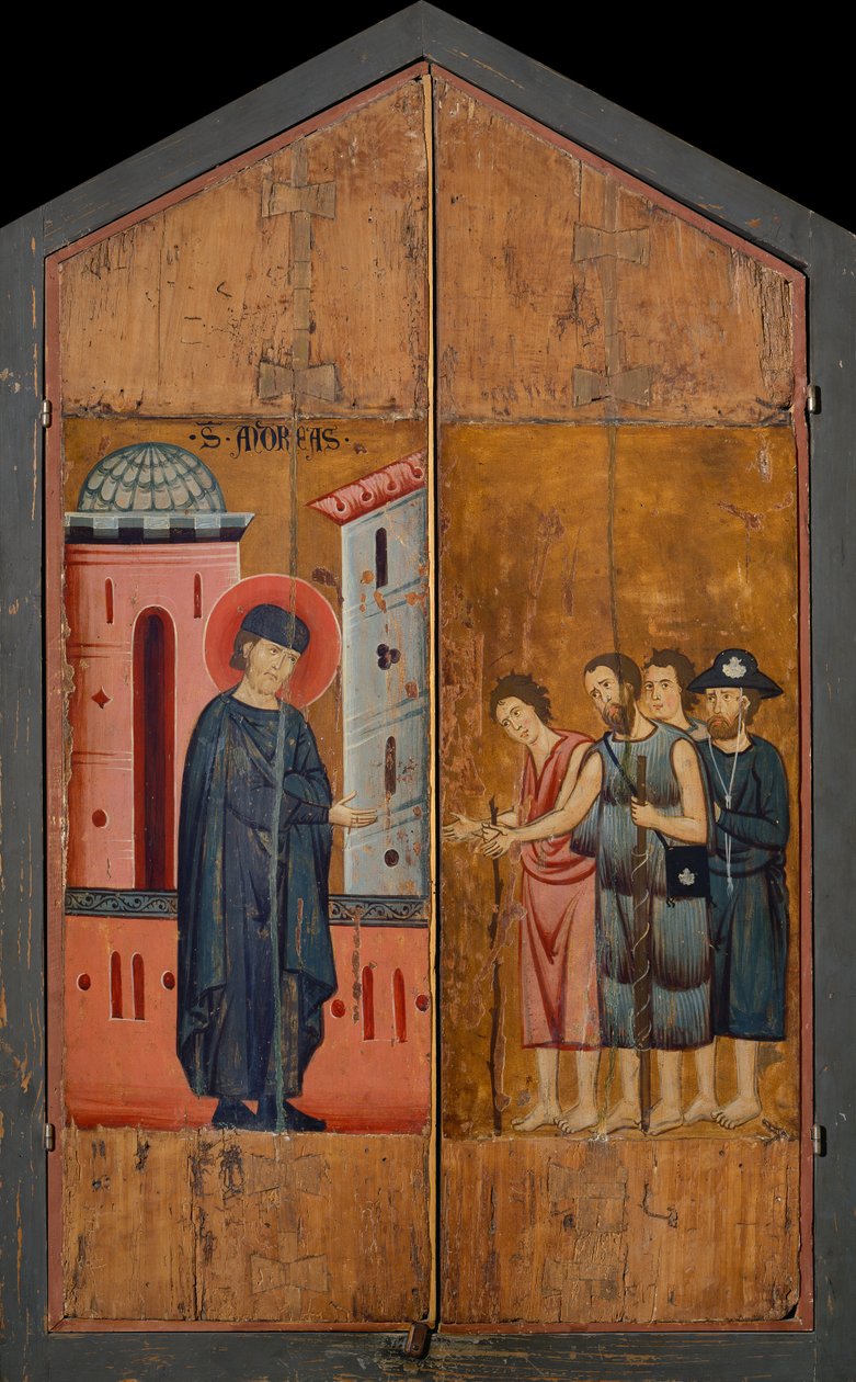 Diptiek van de Zalige Andrea Gallerani: De zalige gastheer Gallerani ontvangt pelgrims en bedelaars, buitenpanelen, c.1270 door (workshop of) Guido da Siena