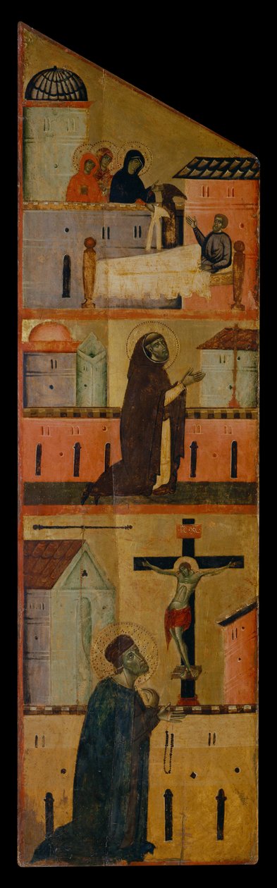 Diptiek van de Zalige Andrea Gallerani: De heilige vrouwen verschijnen aan St. Reginald, Dominicus bidt voor de genezing van St. Reginald en Gallerani bidt voor het kruis, binnenpaneel links, ca. 1270 door (workshop of) Guido da Siena