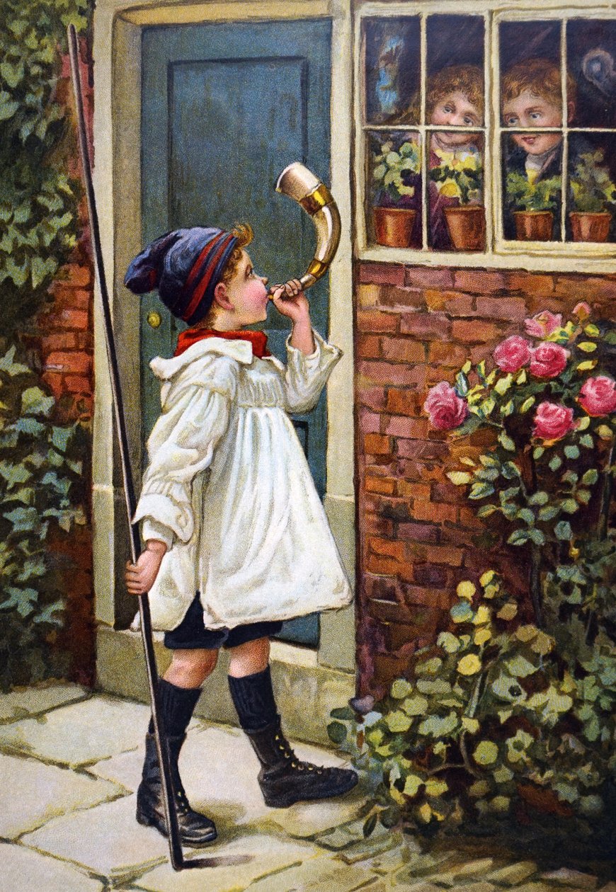 Een jonge jongen die een hoorn blaast buiten zijn huis door Unknown
