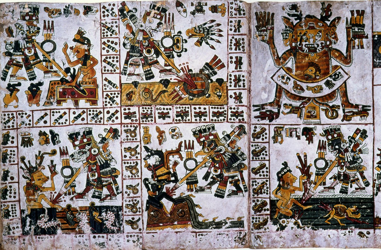Detail van een facsimile kopie van een pagina uit de Codex Borgia, detail met de aanvallen van Tlauizcalpantecuhtli, de god Venus door Unknown