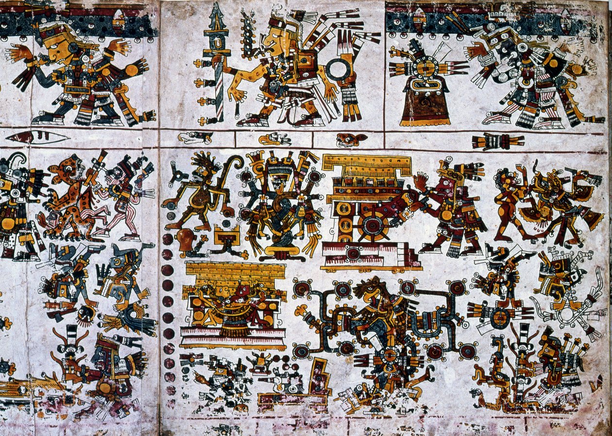 Detail van een facsimile kopie van een pagina uit de Codex Borgia met de ceremonie van het Nieuwe Vuur door Unknown