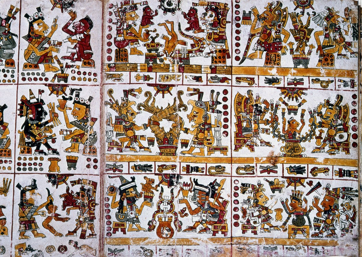 Detail van een facsimile kopie van een pagina uit de Codex Borgia met zes koppels goden die waarzeggerij voor koppels vertegenwoordigen door Unknown