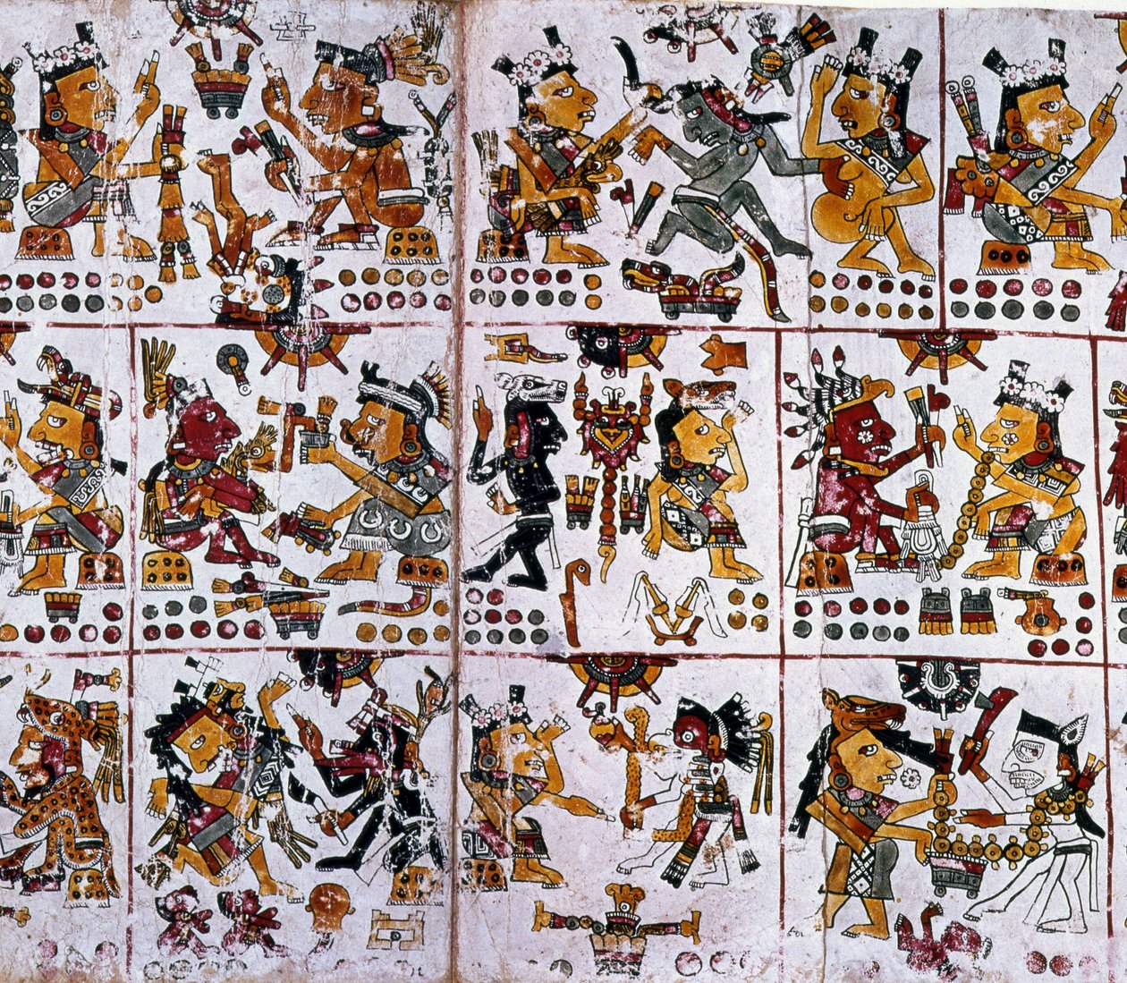 Detail van een facsimile kopie van een pagina uit de Codex Borgia met zes koppels goden die waarzeggerij voor koppels vertegenwoordigen door Unknown