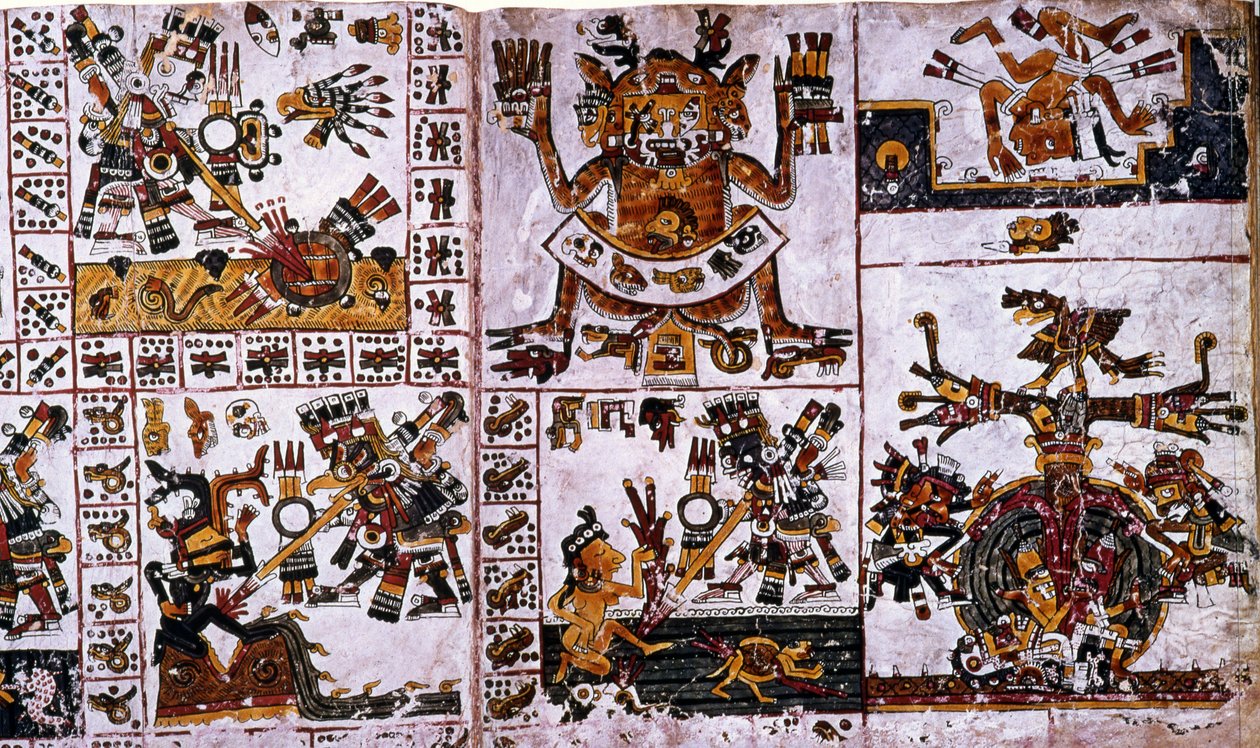 Detail van een facsimile kopie van een pagina uit de Codex Borgia met de aanvallen van Tlauizcalpantecuhtli, de god Venus door Unknown