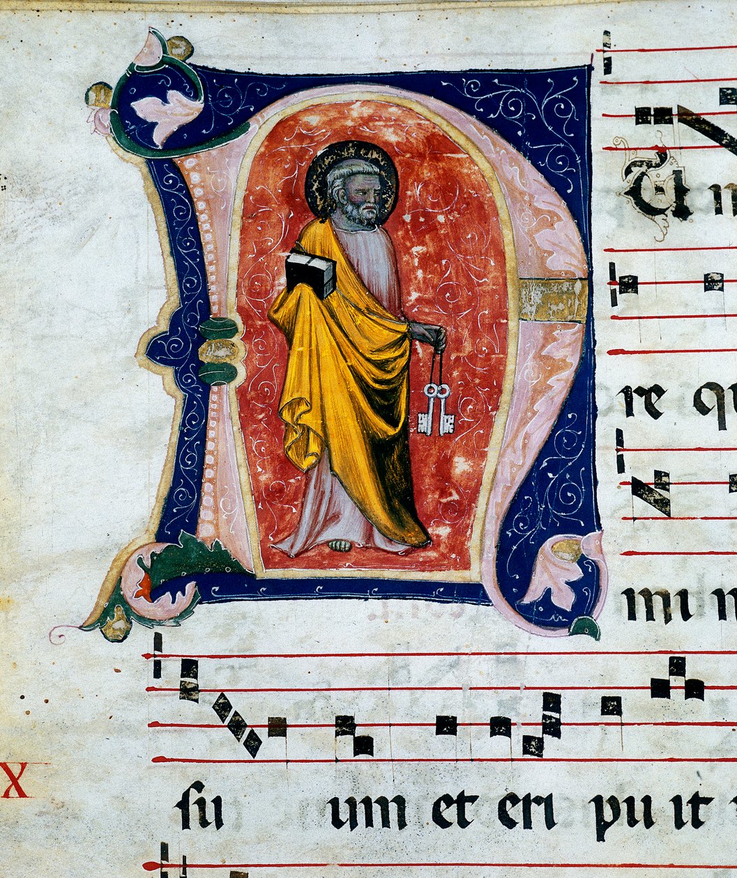 Detail van een miniatuur die Sint-Pieter voorstelt, bevat in koorparchmenten uit de XIV-XV eeuw. Archief van Palazzo Comunale van Stroncone, in de provincie Terni door Unknown