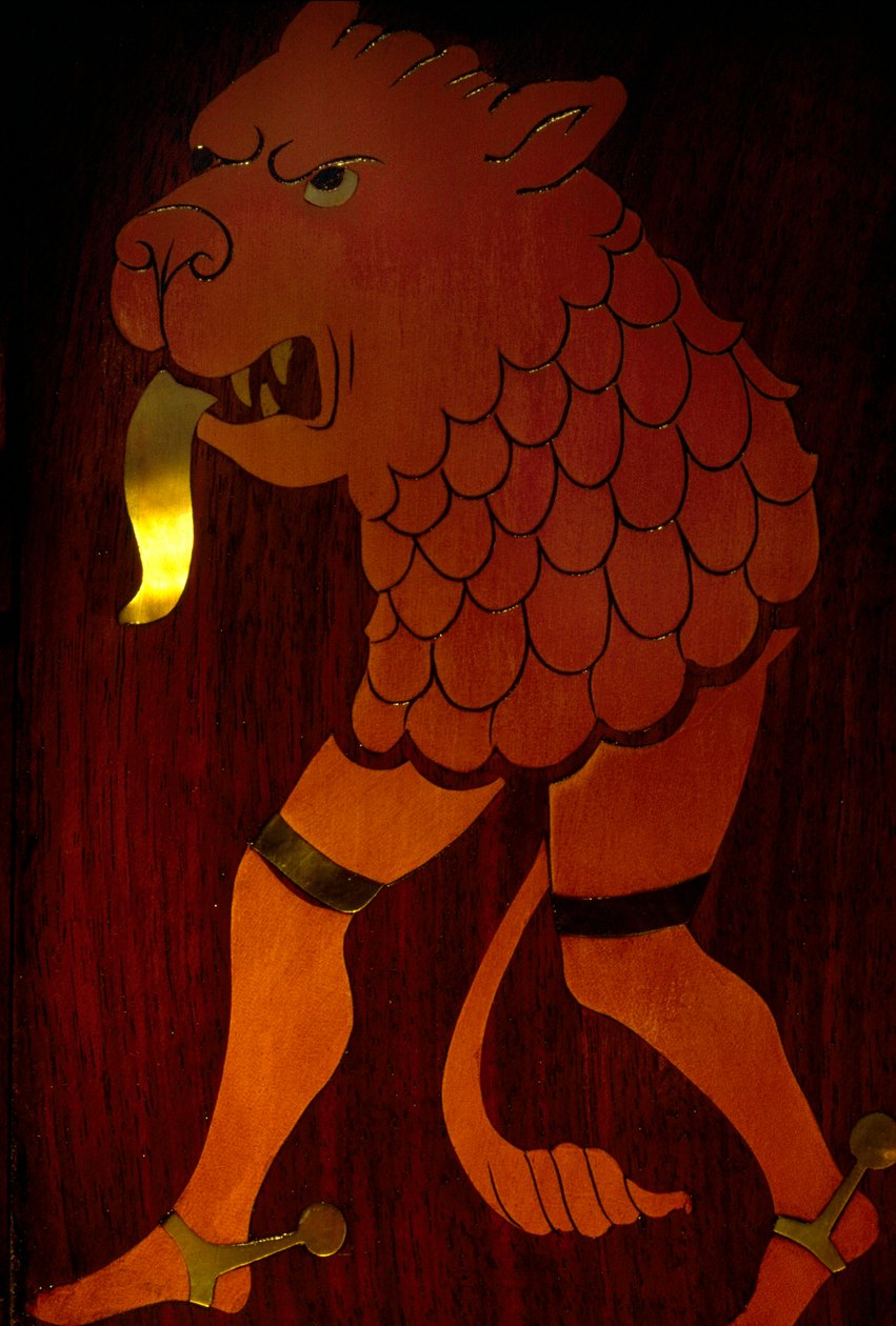 Detail van ingelegde leeuwenkop in de Winter Rookkamer, Cardiff Castle, Wales door Unknown