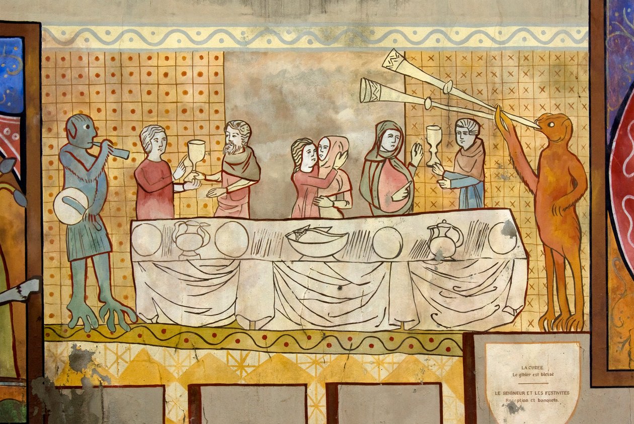 Tekening van een middeleeuws banket met drinkers, geliefden en denkbeeldige dieren die trommels en trompetten bespelen door Unknown