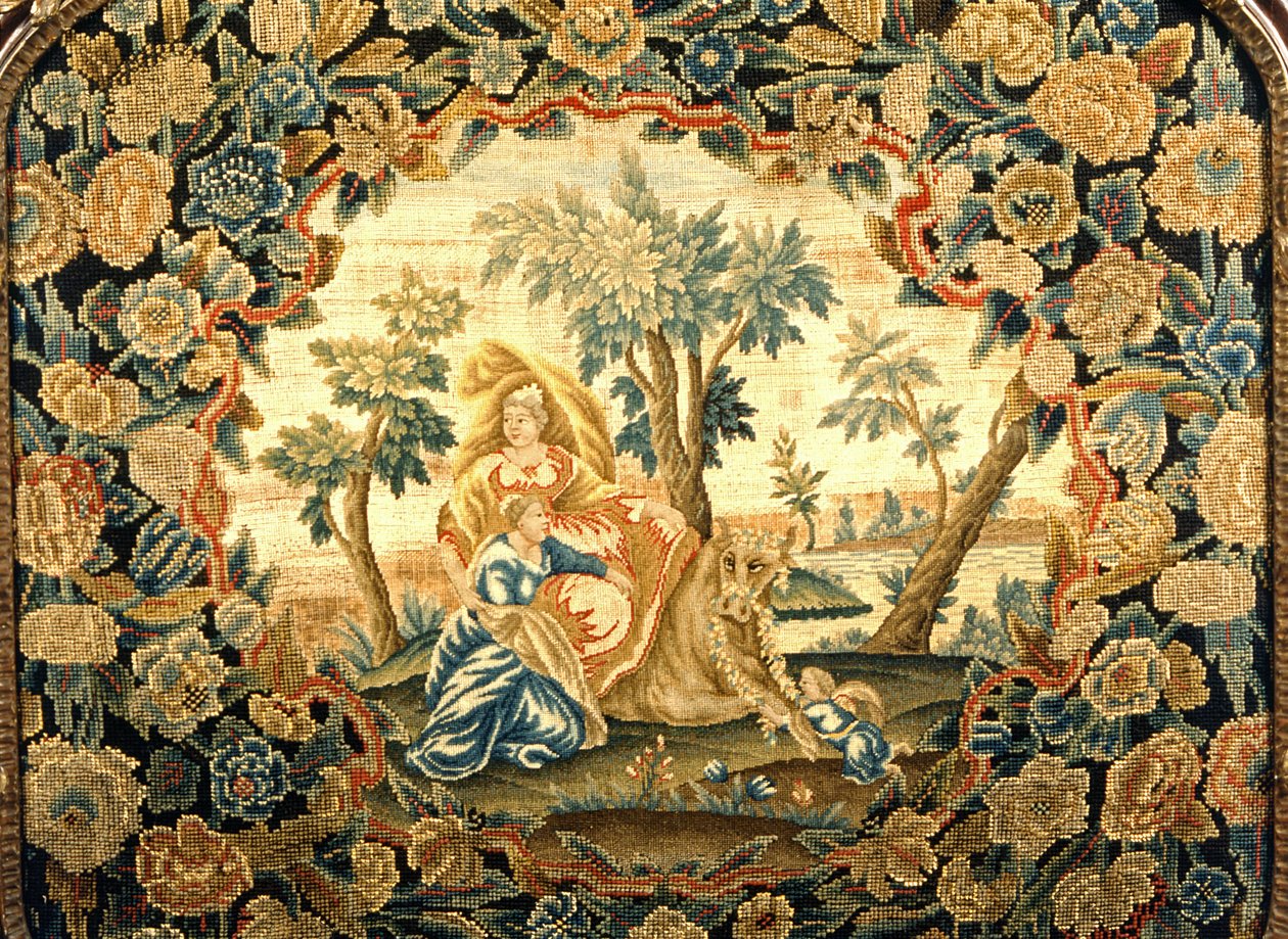 Europa en de stier, close-up van wandtapijtscherm in George III houten frame, 18e eeuw door Unknown