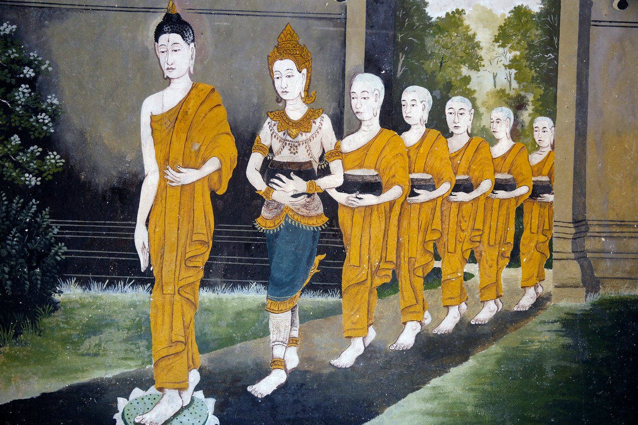 Fresco die een scène uit het leven van Boeddha afbeeldt in Wat Phra Doi Suthep, Chiang Mai. Boeddha en monniken op een aalmoesronde. Thailand door Unknown