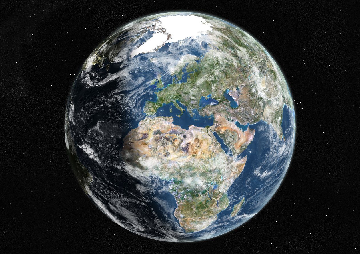 Globe gecentreerd op Europa en Afrika, ware kleuren satellietbeeld door Unknown